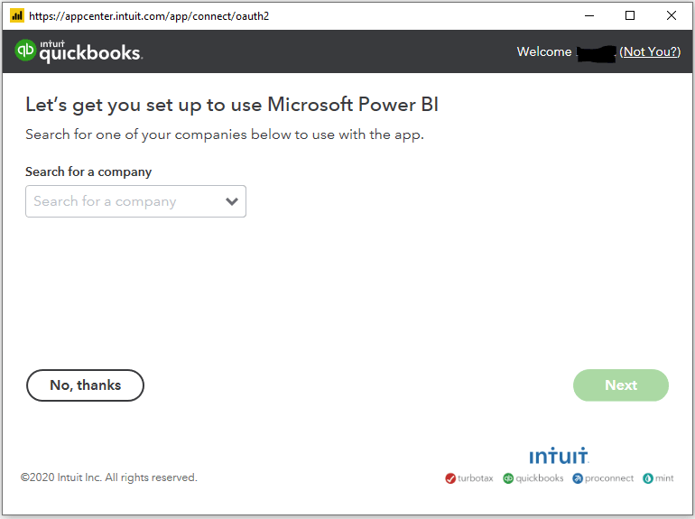 Selecting your Company - QuickBooks Power BI